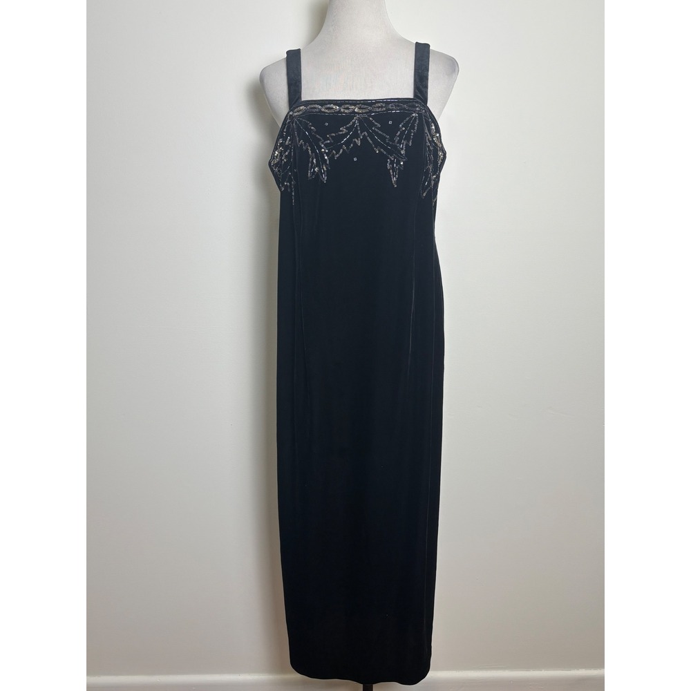 R&M Richards Black Velvet Maxi Dress 14WP Sequin Beaded Evening Holiday Cocktail